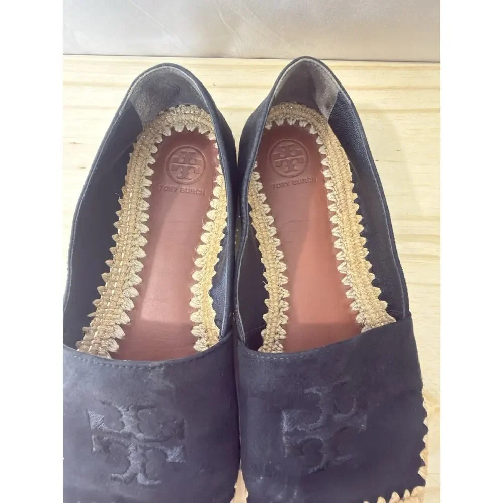 Tory Burch Arianne Espadrilles Black Suede Raffia Logo Flats Women's Size 8M